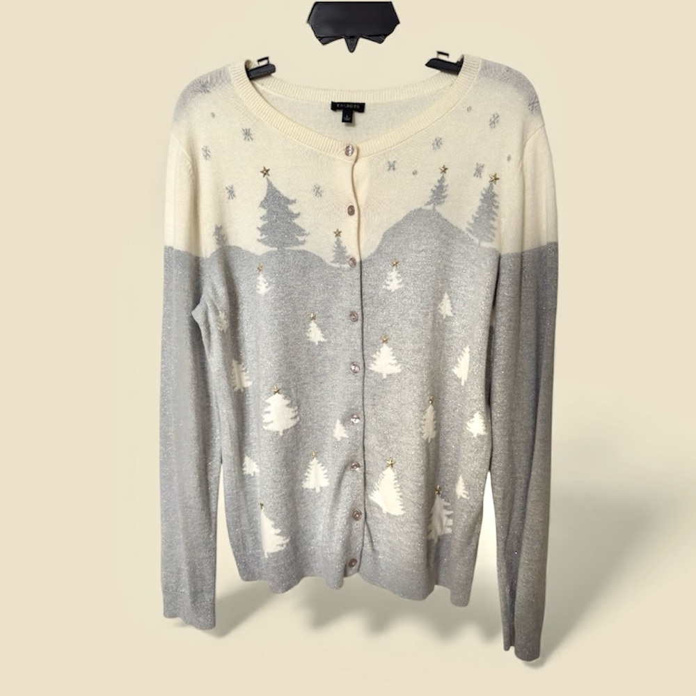 Talbots Winter Wonderland Cardigan in Silver and Cream Trees and Snow L